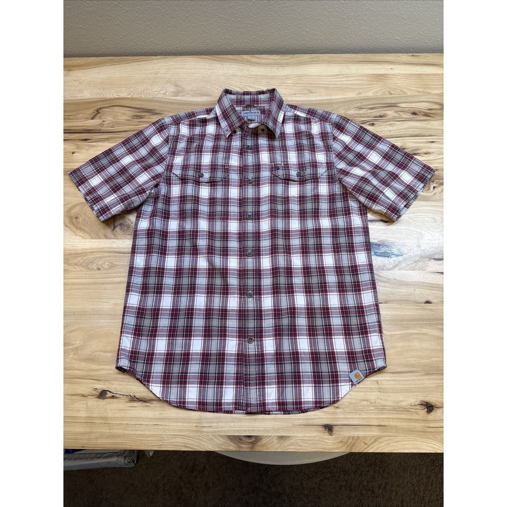 Carhartt 101553 Men's Fort Red Plaid Button Down Short Sleeve Shirt Size Medium